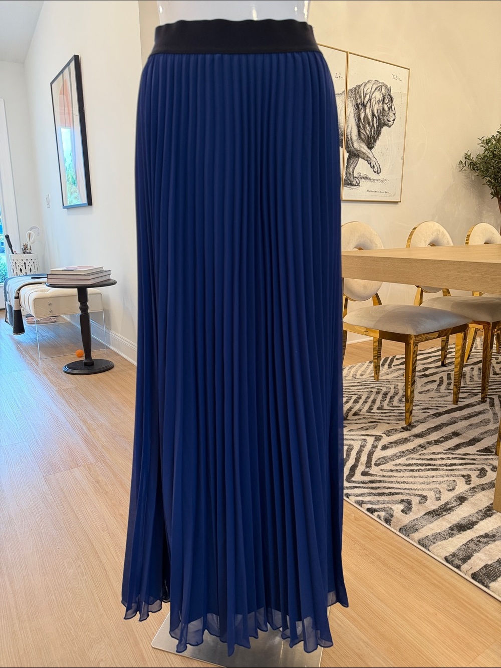 Laurie Felt Navy Pleated Maxi Skirt with Black Waistband